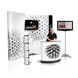 Stand modulaire pack media - parapluie 3x3 avec écran LCD et pied multimédia, porte-document pliable et valise comptoir grand plateau_0