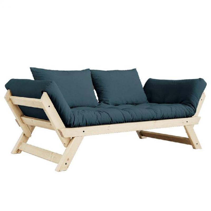 Banquette méridienne convertible futon BEBOP - Pin naturel - Coloris bleu pétrole - Couchage 75x200 cm_0