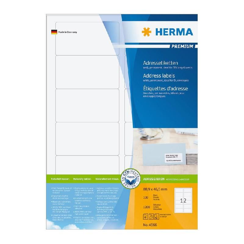 HERMA ETIQUETTE BLANCHE PREMIUM - HERMA - 88,9 X 46,6 MM - POCHETTE DE 1200 ÉTIQUETTES