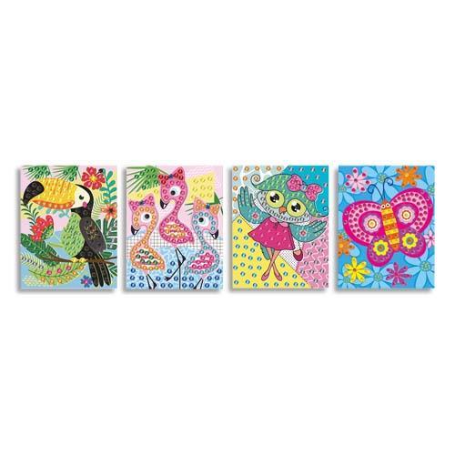 LOT DE 16 TABLEAUX GRAINE CREATIVE SEQUINS 4 X 4 MODELES, 19 X 15 CM - +/- 200 SEQUINS DIAMETRE 6 MM.