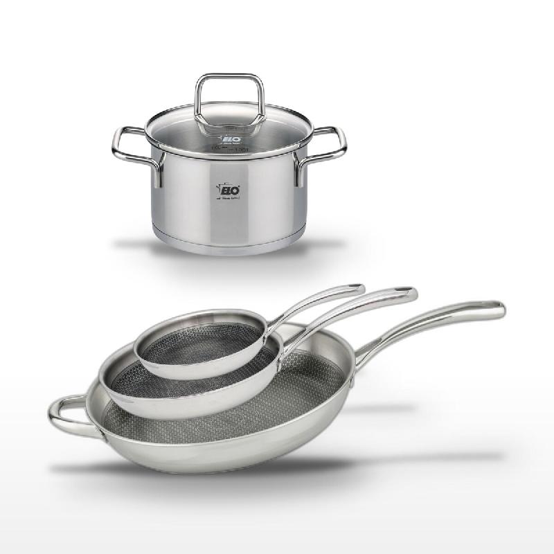 Lot de 3 Poêles Inox Elo Relief Evolution 24/28/32 cm avec Faitout 20 cm - gris inox 3176239954814_0