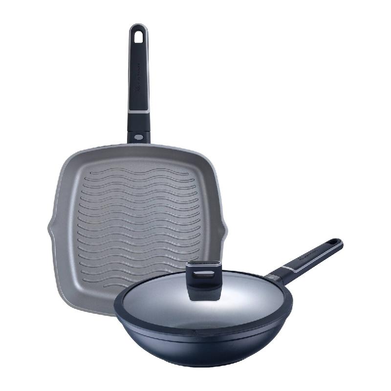 Masterpro - Jeu de poêle grill 28x28x5,5 cm et wok Ø28x8 cm en aluminium moulé avec couvercle, compatibles induction INDIGO - PK9027_0