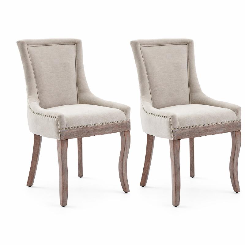 Merax Lot de 2 chaises rembourrées , chaise de salle à manger en tissu, polyester beige + pieds en bois d'hévéa de couleur naturelle, avec décora_0