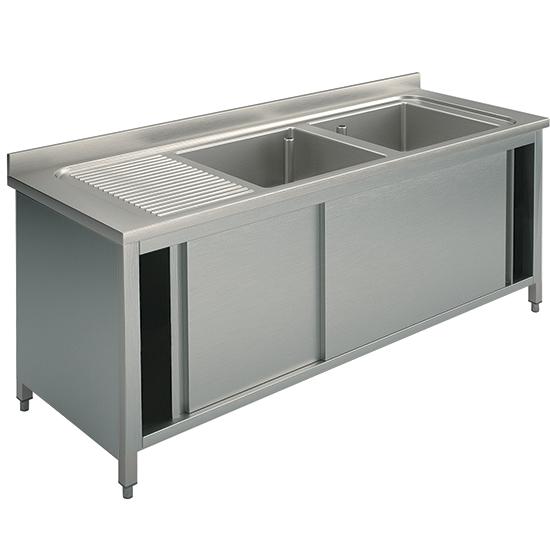 Plonge inox sur armoire, 2 bacs, égouttoir à gauche, avec portes coulissantes, 1800x700 mm - GLA0033_0