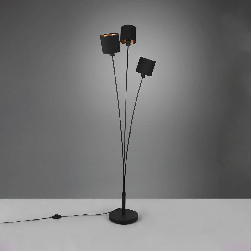 REALITY LEUCHTEN LAMPADAIRE TOMMY, NOIR/OR, HAUTEUR 150 CM, 3 LAMPES. TISSU
