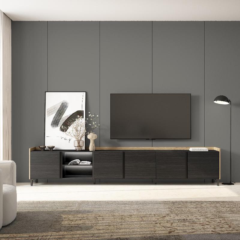 SKRAUT HOME - MEUBLE TV EFFET BOIS NOIR ET CHÊNE 309X35X61CM AVEC PIEDS