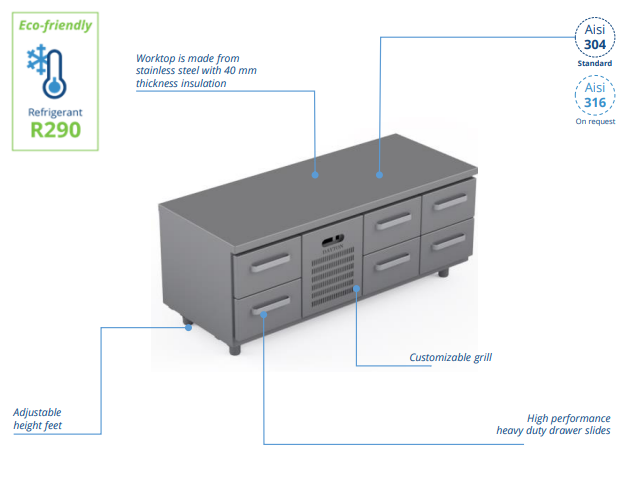 Comptoir réfrigéré bas en acier inoxydable -1600 × 660 × 660 mm - CSTL-16-2022_0