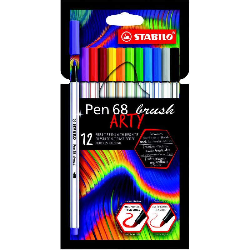 FEUTRES PINCEAUX DE DESSIN STABILO PEN 68  BRUSH ARTY POINTE OGIVE MOYENNE 1 MM - POCHETTE DE 12 COLORIS ASSORTIS