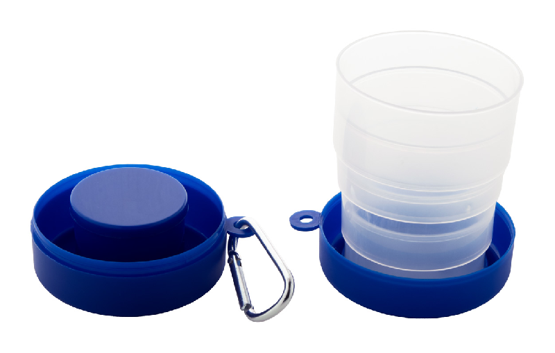 Gobelet pliable - plastique PP recyclé - 220 ml avec compartiment pilulier et mousqueton en métal - couleur bleu_0