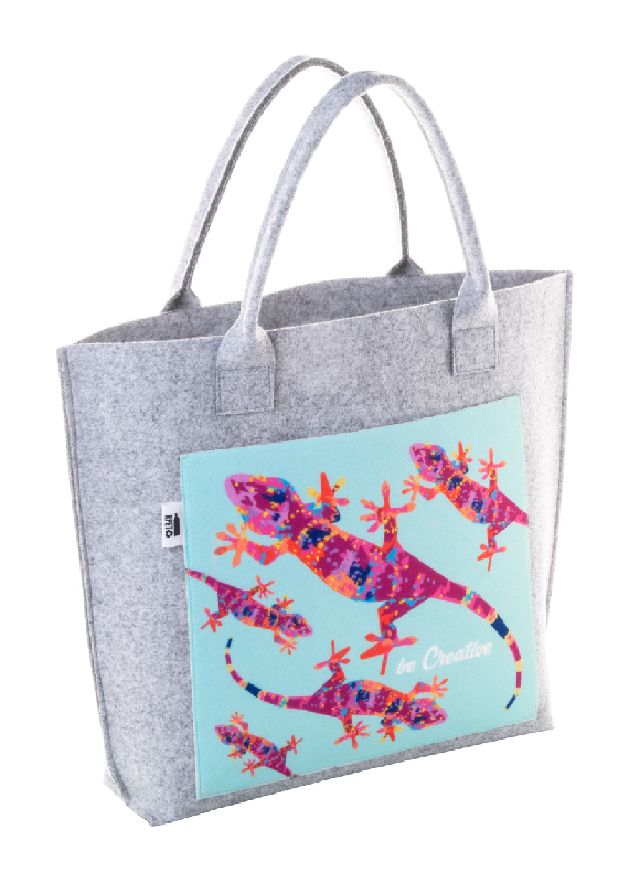 Sac shopping personnalisé - en feutre RPET avec poche imprimée - poignées courtes et soufflet_0