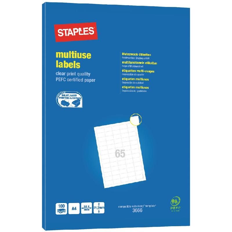 STAPLES ETIQUETTE MULTI-USAGES BLANCHE - STAPLES  - 38,1 X 21,2 MM - BOÎTE DE 6500 ÉTIQUETTES