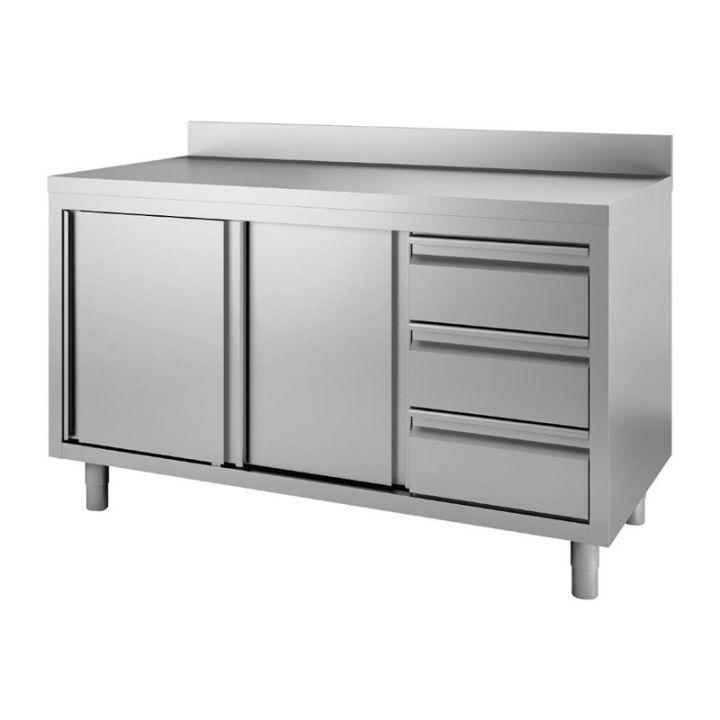 Table armoire inox (L)1400 x (P)700 x (H)900 mm, 3 tiroirs à droite, 2 portes coulissantes_0