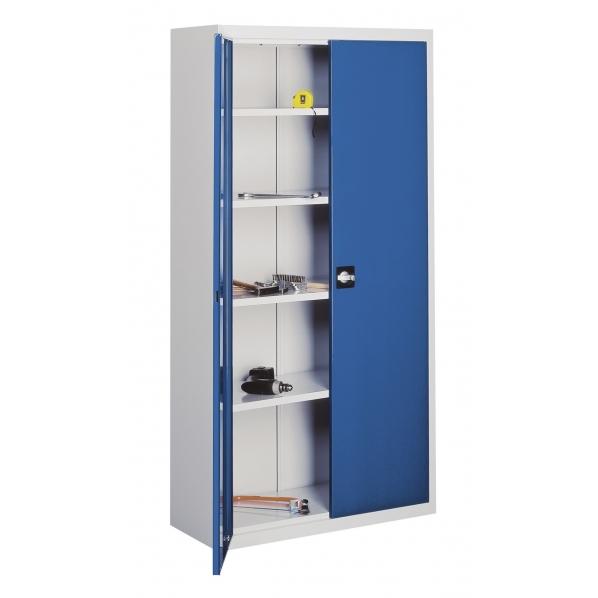 Armoire d'atelier à portes battantes - hauteur 1990 mm - 4 étagères - monobloc en tôle d'acier - charge 100 kg par étagère_0