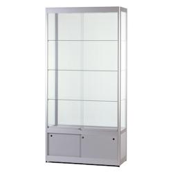Vitrine argent éclairée avec rangement - 100x40x200cm - SARAZINO - Verre trempé, aluminium anodisé, 2 portes coulissantes avec serrure_0