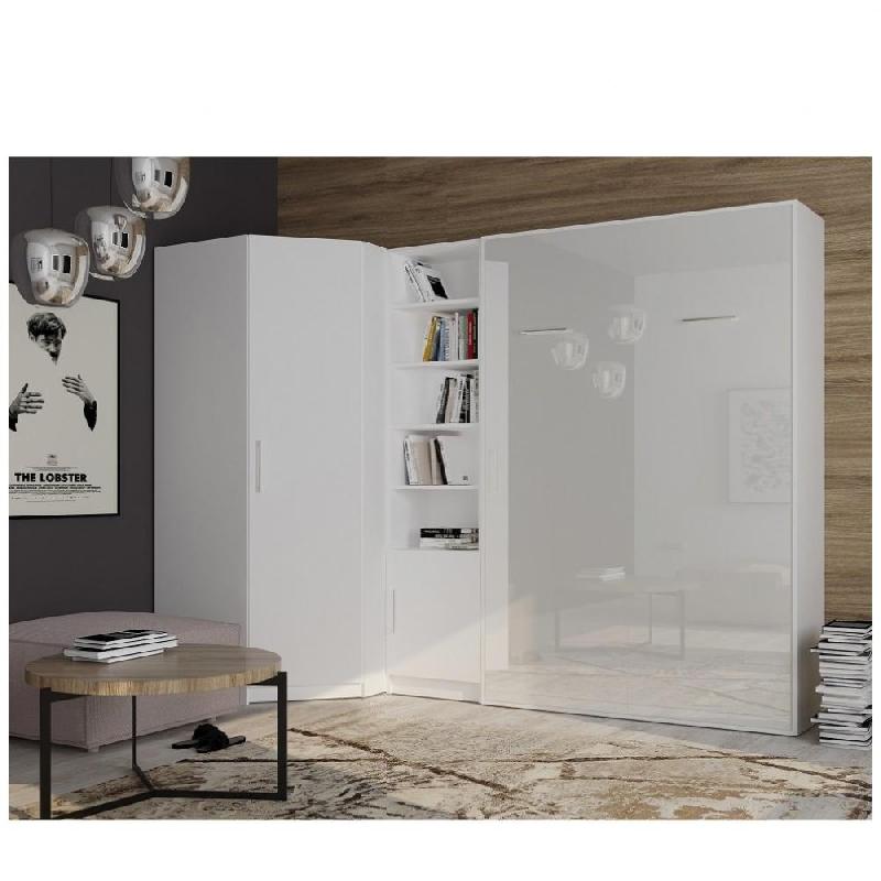 COMPOSITION ARMOIRE LIT ANGLE SMART-V2 160*200 CM, BLANC MAT / FAÇADE GLOSS BLANC BRILLANT_0