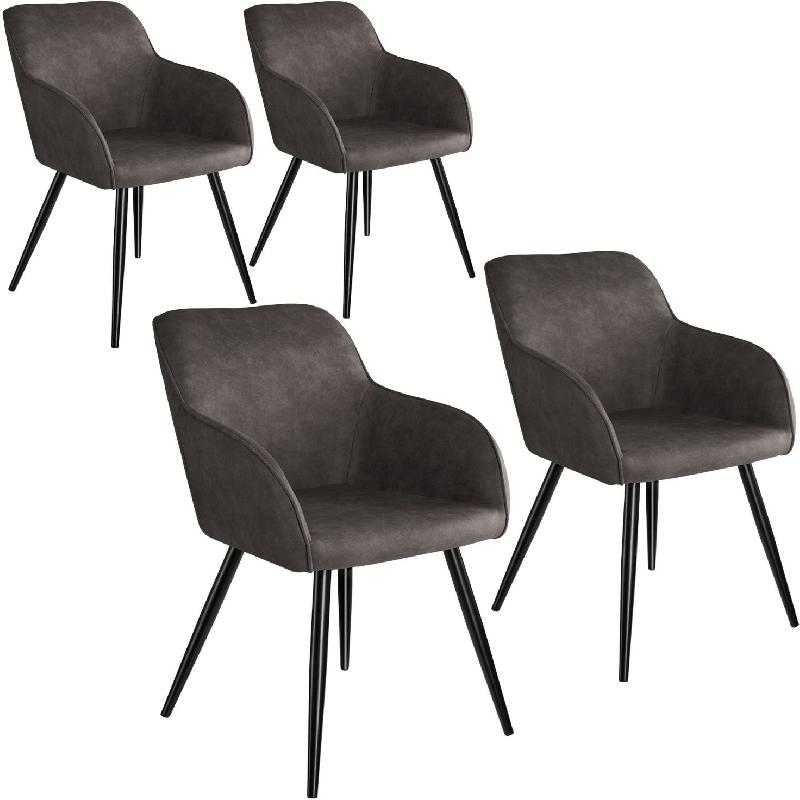 Lot de 4 chaises design élégant - Pieds noirs - Tissu gris foncé - Salle à manger, salon, cuisine - Réf : 08_0000105_0