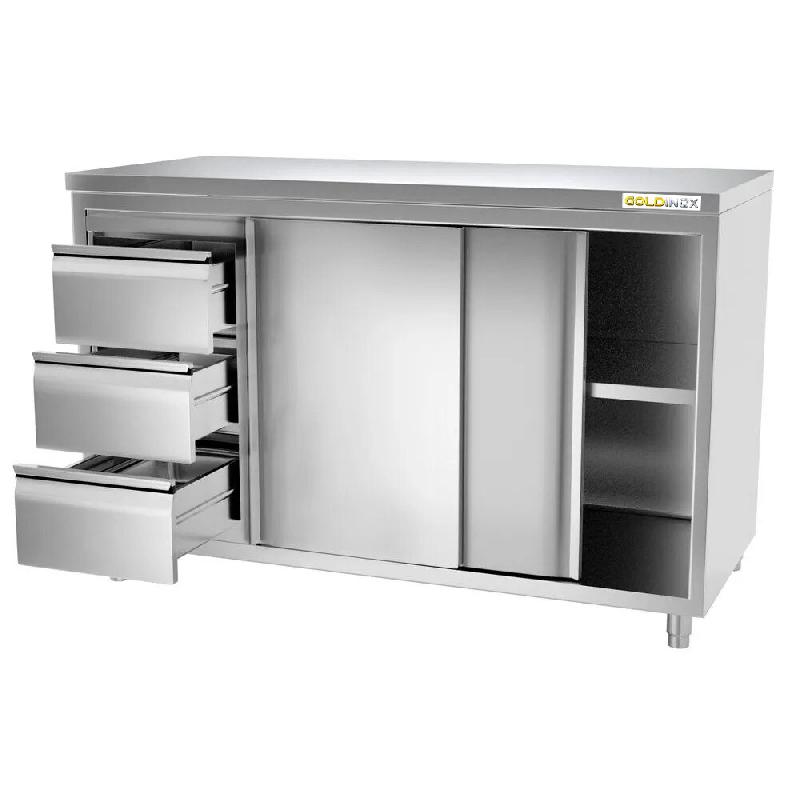 Meuble bas inox 1400x600 mm avec 3 tiroirs à gauche PREMIUM - GOLDINOX - gris inox 3701770813902_0