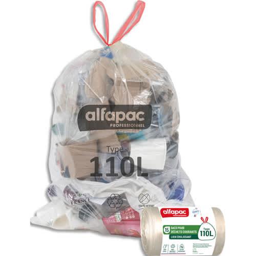 Alfapac - Boîte de 180 sacs poubelle à lien coulissant - 110L recyclé - Résistant - Coloris translucide_0