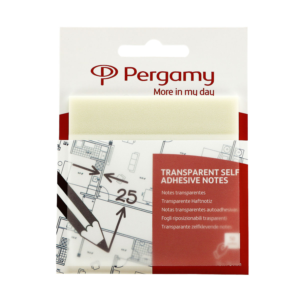BLOC NOTE REPOSITIONNABLE DE 50 FEUILLES PERGAMY - 7,6 X 7,6 CM - CORPS TRANSPARENT LISERET BLANC