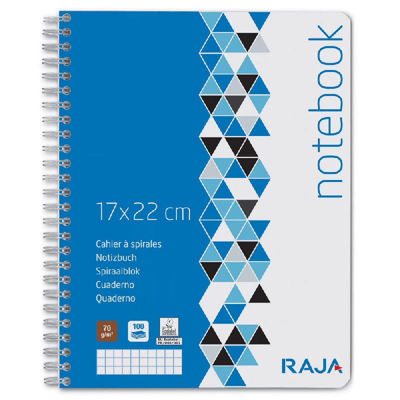 CAHIER A SPIRALES RAJA NOTEBOOK - 100 PAGES - 17 X 22 CM - 70 G/M² - PETITS CARREAUX 5X5 MM  - LOT DE 5