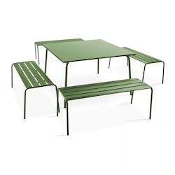 Oviala Business Ensemble table de jardin carrée et 4 bancs en métal vert cactus - vert acier 106051_0