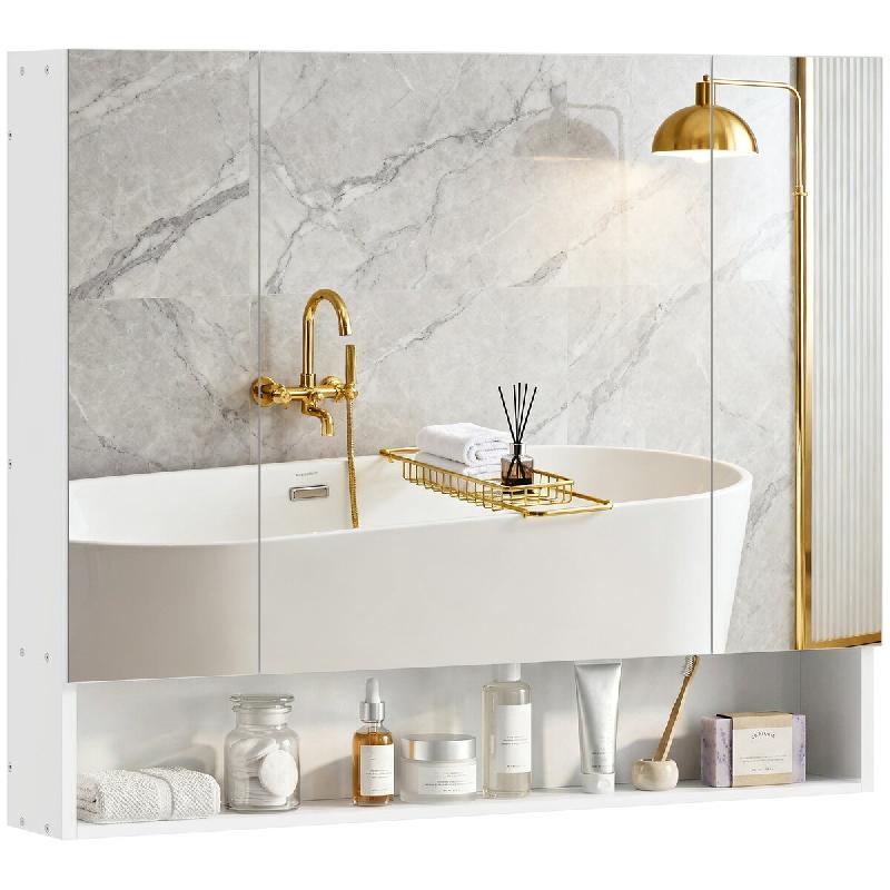 Helloshop26 - Armoire murale salle de bain 90 x 15 x 75 cm gain de place trois portes miroir étagère ajustable épuré en MDF blanc 21_0001914 - bla_0