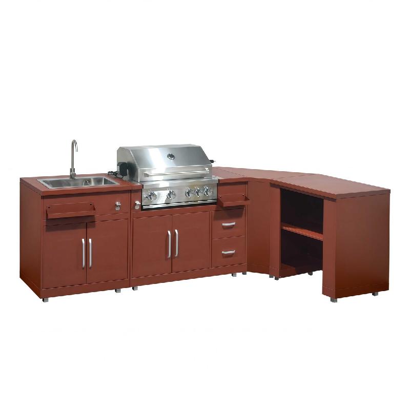 Oviala Business Oviala Cuisine d'extérieur angle 4 éléments avec évier et barbecue en acier 96 x 401 x 66 cm brique - marron acier 115315_0
