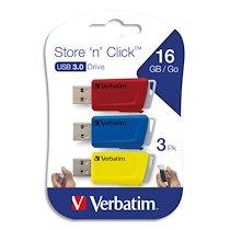 PACK DE 3 CLÉS USB 3.0 RÉTRACTABLES 16GO STORE 'N' CLICK ROUGE/BLEU/JAUNE 49306