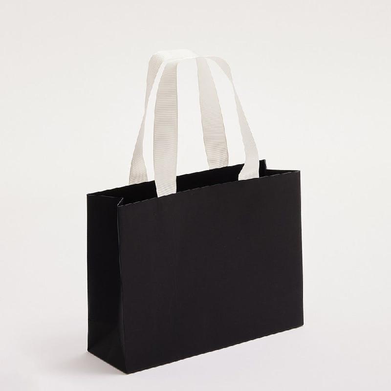Sac luxe noir mat poignées ruban blanc naturel 24x8x18cm - par 12_0