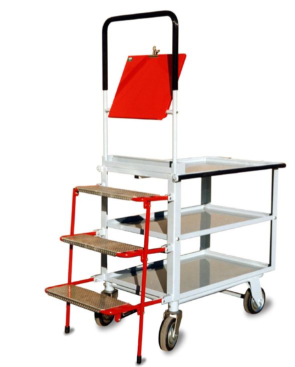 Chariot monobloc de préparation de commandes - 3 étagères réglables - escabeau pliant intégré_0