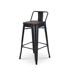 Tabouret de bar en métal noir mat et assise en bois foncé avec dossier hauteur 66cm - Style Industriel x1 Kosmi - noir 3760301690887_0