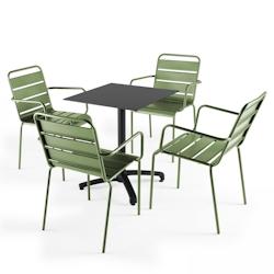 Oviala Business Ensemble table de terrasse stratifié noir et 4 fauteuils vert cactus - Oviala - vert métal 108141_0
