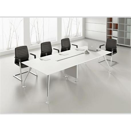 Table de conférence ENOSI - Référence ENO 16 - 280x120 cm - Blanc brillant - Piétement laqué ton alu ou chromé - Passage de câbles_0
