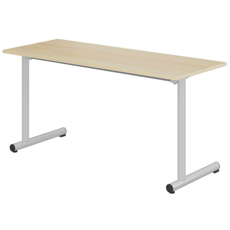 Table scolaire 2 places - pieds ronds 130x50 cm - plateau mélaminé hêtre miel - normes NF et environnementales_0