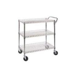 Chariot manuel à étagères en fil chromé - profondeur 45 cm - 3 tablettes - roulettes avec frein_0