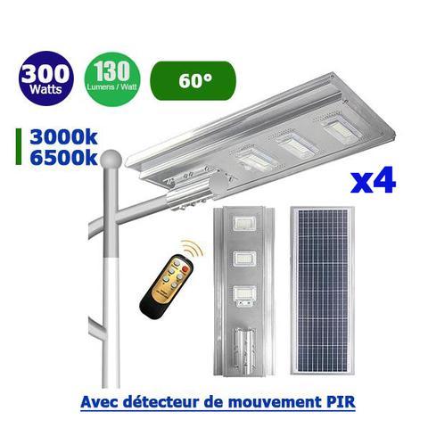 Pack de 4x solaires - luminaire led pour candélabre / lampe de rue et parking - série street - 300 watts - 39 000 lumens - 130 lumens/watt - angle 60° - ip66 - détecteur de mouvement pir - capteur de lumière - télécommande_0