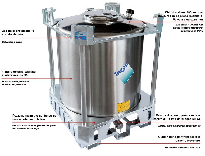 Serie un pci - réservoir de stockage industriel - incon - base palettisée avec guide fourches - trappe diam. 400mm avec fermeture rapide à levier_0