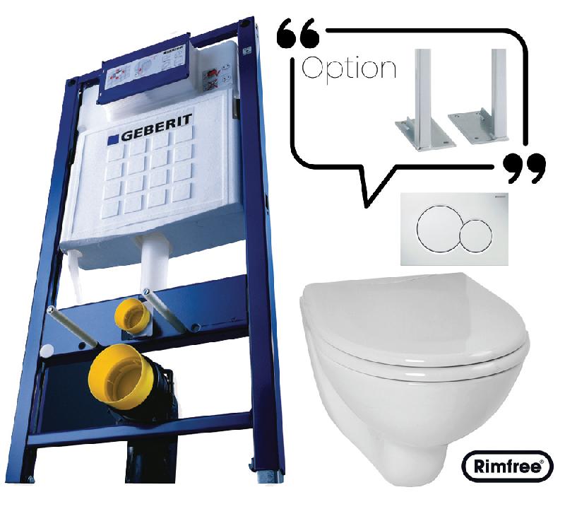 BÂTI-SUPPORT EN APPLIQUE + CUVETTE WC COURTE + ABATTANT ET PLAQUE DE COMMANDE SANS JEU DE PIEDS AUTOPORTANT - GEBERIT - PROMO4