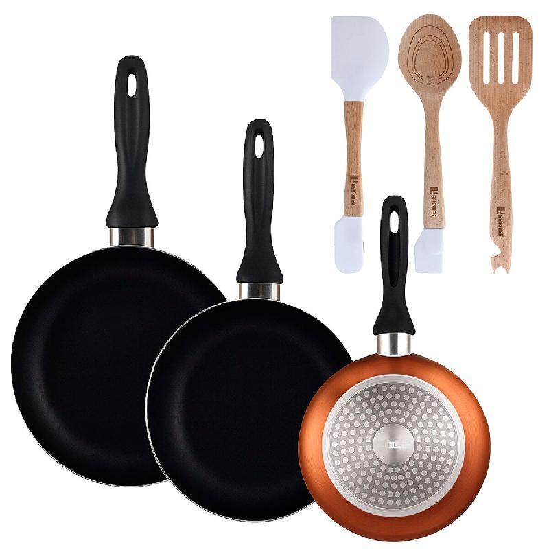 BERGNER - Set de 3 Poêles Ø16/20/24cm en Aluminium Pressé Bronze Métallisé avec Set 3 Ustensiles en Silicone et Bois - PK9861_0