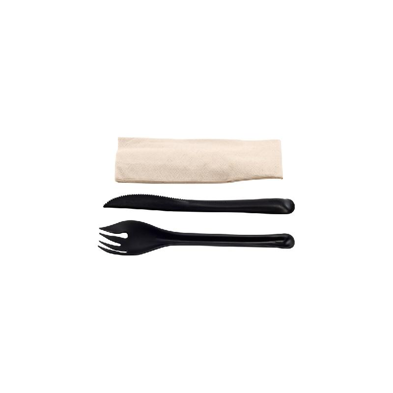 Betik EKO – 500 unités – Kit couvert réutilisable noir design 3 en 1 – couteau + fourchette + serviette kraft - noir plastique 1010730_0
