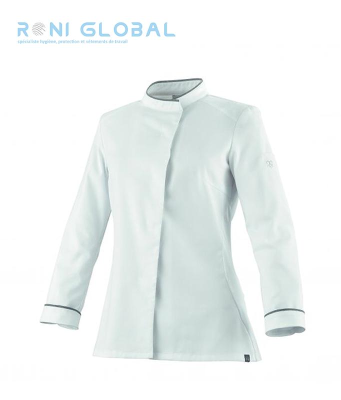 Veste de cuisine blanche femme - Manches longues, coupe slim, polyester et coton 37.5® avec empiècement en maille - Cavane Robur_0