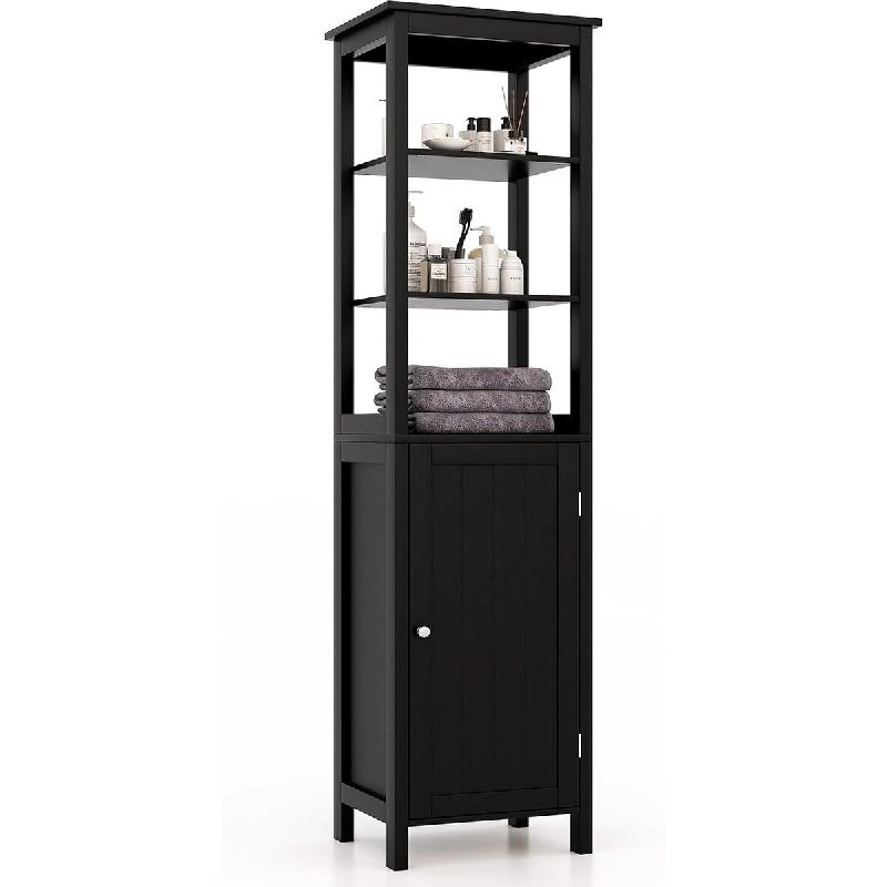 COSTWAY Armoire haute 5 niveaux étroite, avec étagères réglables et porte, gain de place, noir - noir Bois manufacturé TI88031PW_0