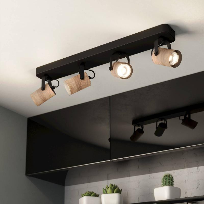 EGLO SPOT POUR PLAFOND CAYUCA, NOIR/DÉCOR BOIS, À QUATRE LAMPES