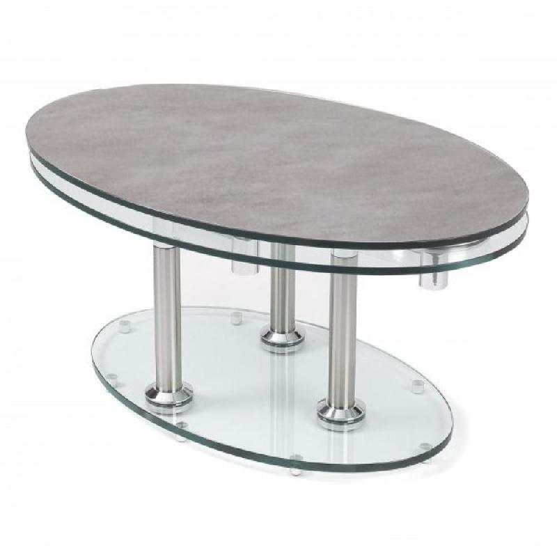 Table basse double céramique ciment - gris - plateaux pivotants en verre trempé et pieds en acier brossé_0