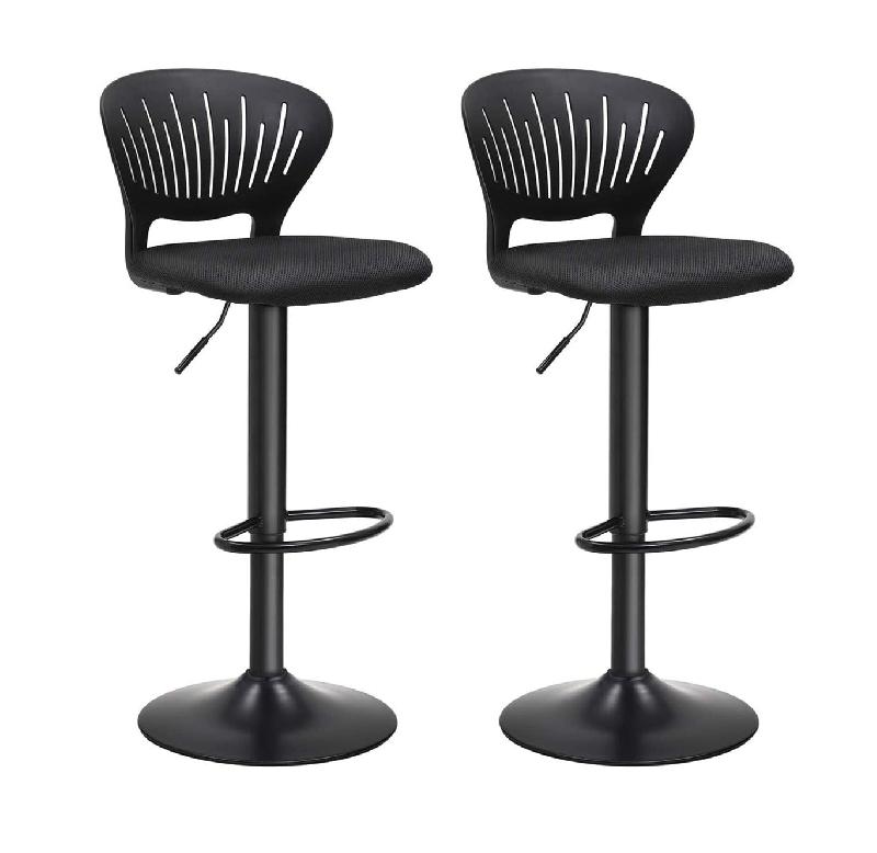 Tabourets de bar - Lot de 2 - Hauteur réglable - Assise rembourrée - Dossier ergonomique en forme de couronne - Tissu respirant - Pivotant - Noir - 12_0002450_0