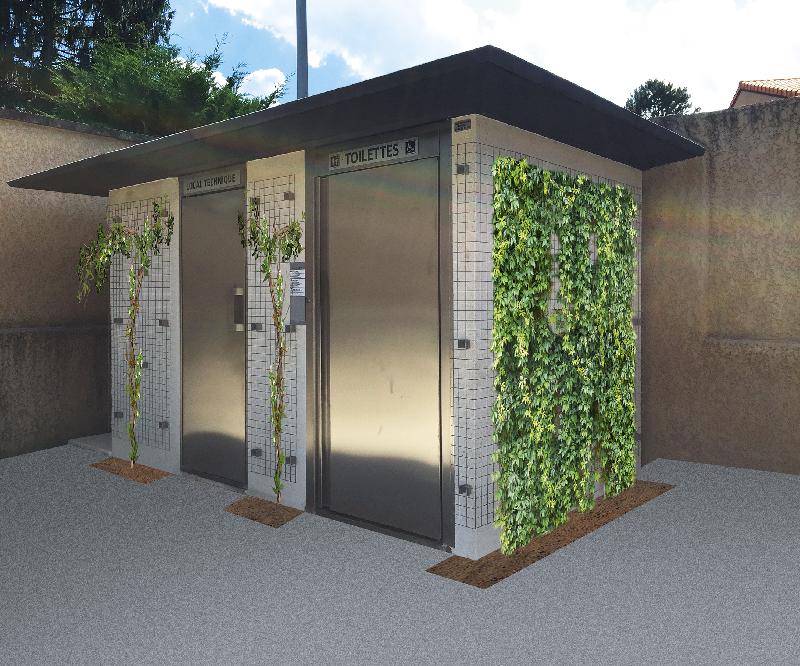 Toilette automatique - réf. 2056 - avec treillis soudés en inox pour mur végétal, cabine PMR, local technique et urinoirs extérieurs_0