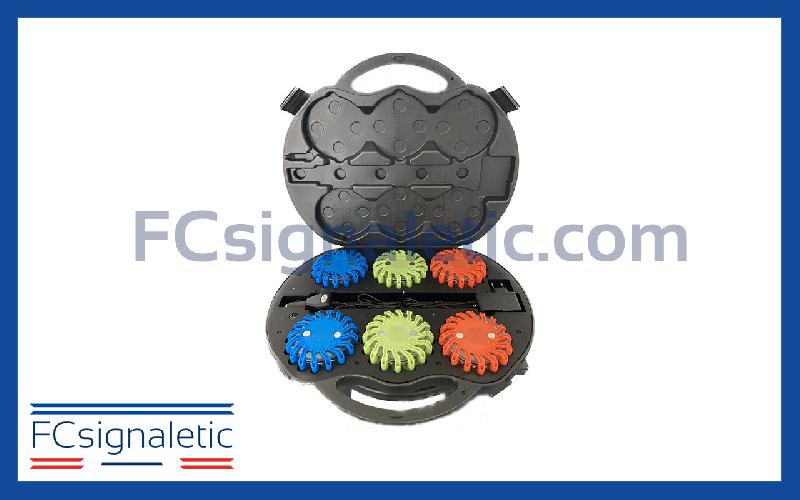 Valise de 6 balises lumineuses bleues, vertes, rouges autonomes magnétiques et rechargeables_0