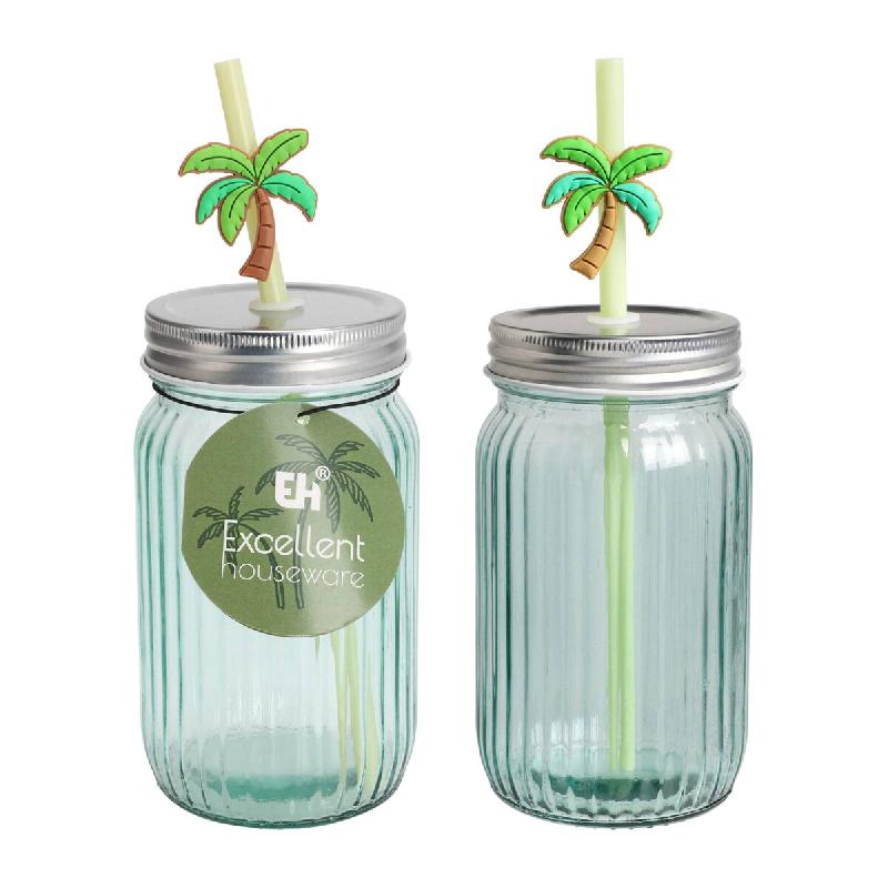 WellHome - Verre avec couvercle et paille, 450ml couleur verte transparente, 7,8x7,8xH13cm - transparent verre WH16577_0