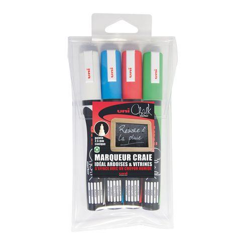 MARQUEUR CRAIE EFFAÇABLE UNI-BALL CHALK POINTE OGIVE DE 1,8 À 2,5 MM- POCHETTE DE 4 COULEURS CLASSIQUES ASSORTIES