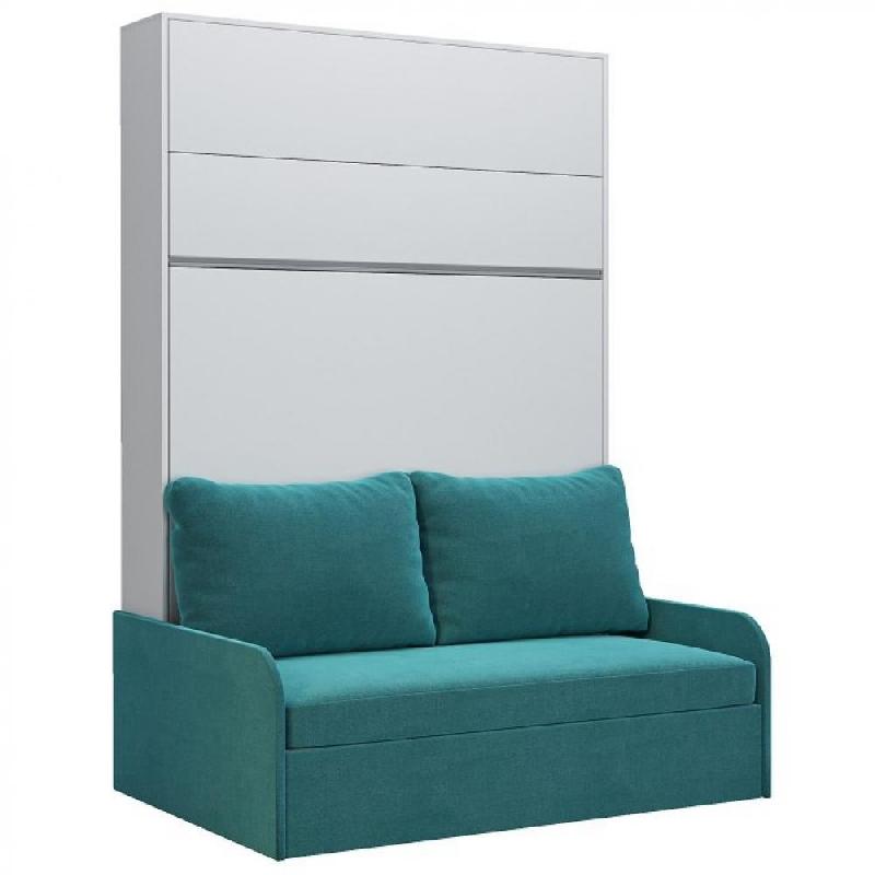 Armoire lit escamotable Bermudes Sofa blanc avec canapé bleu intégré - Couchage 140x200 cm_0
